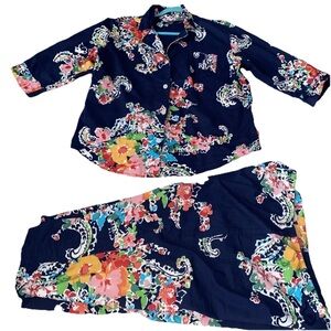 Lauren Ralph Lauren Cotton Floral Print Pajama Set Navy Blue Women’s Size XL